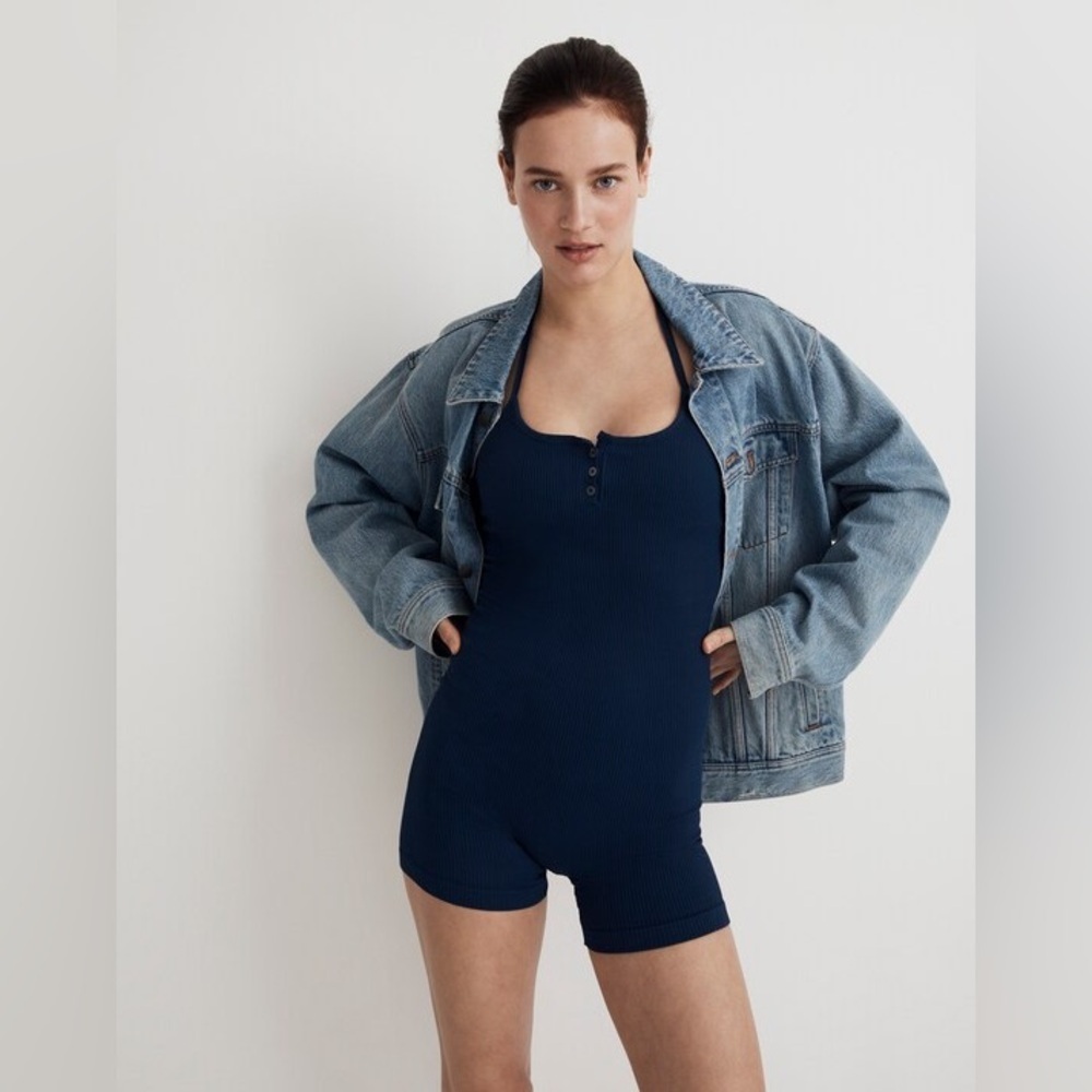 Madewell Seamless Halter Biker Unitard in Classic Indigo Blue Size S-M Romper